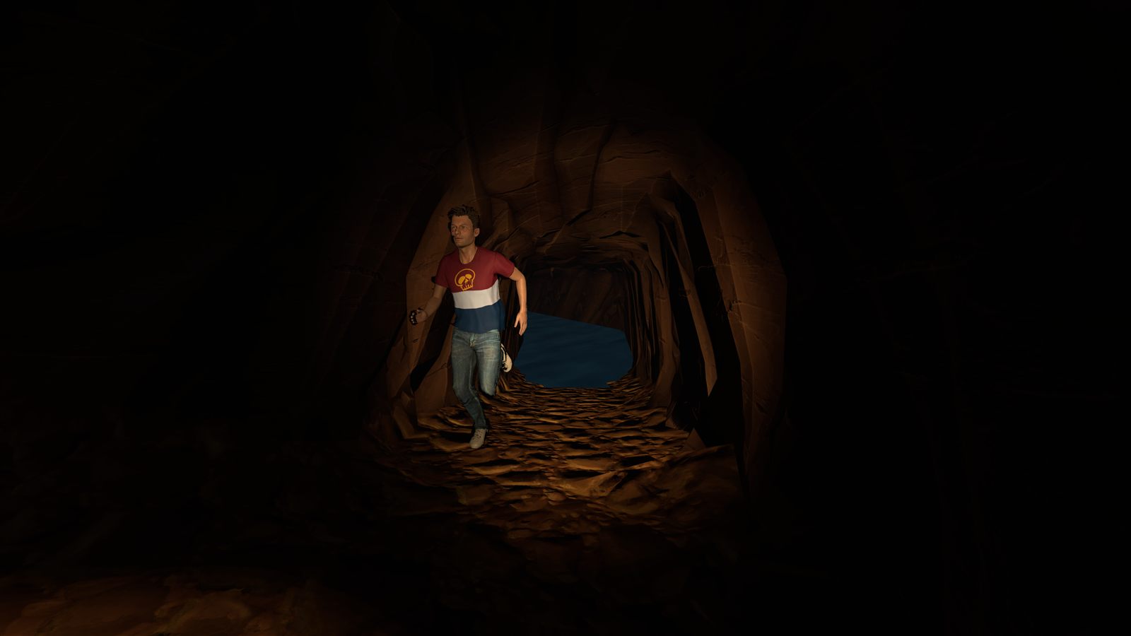 Pinched screenshot: a player with a flashlight in a winding cave passage