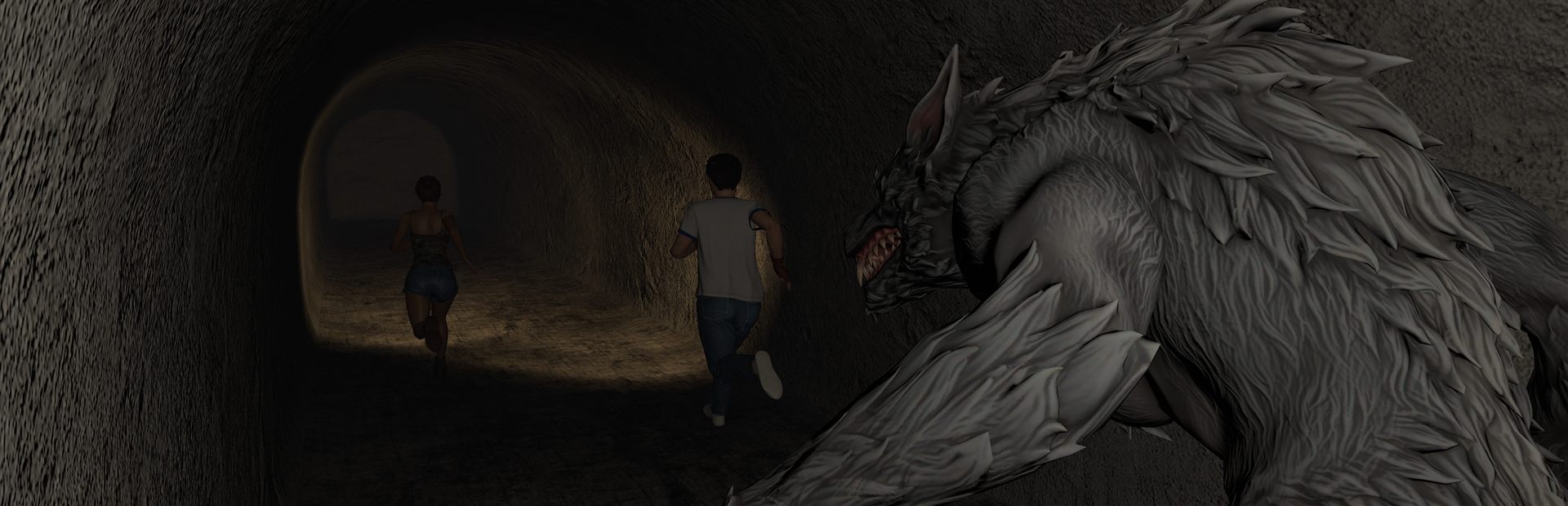 A werewolf chases two players through a dark tunnel in Pinched