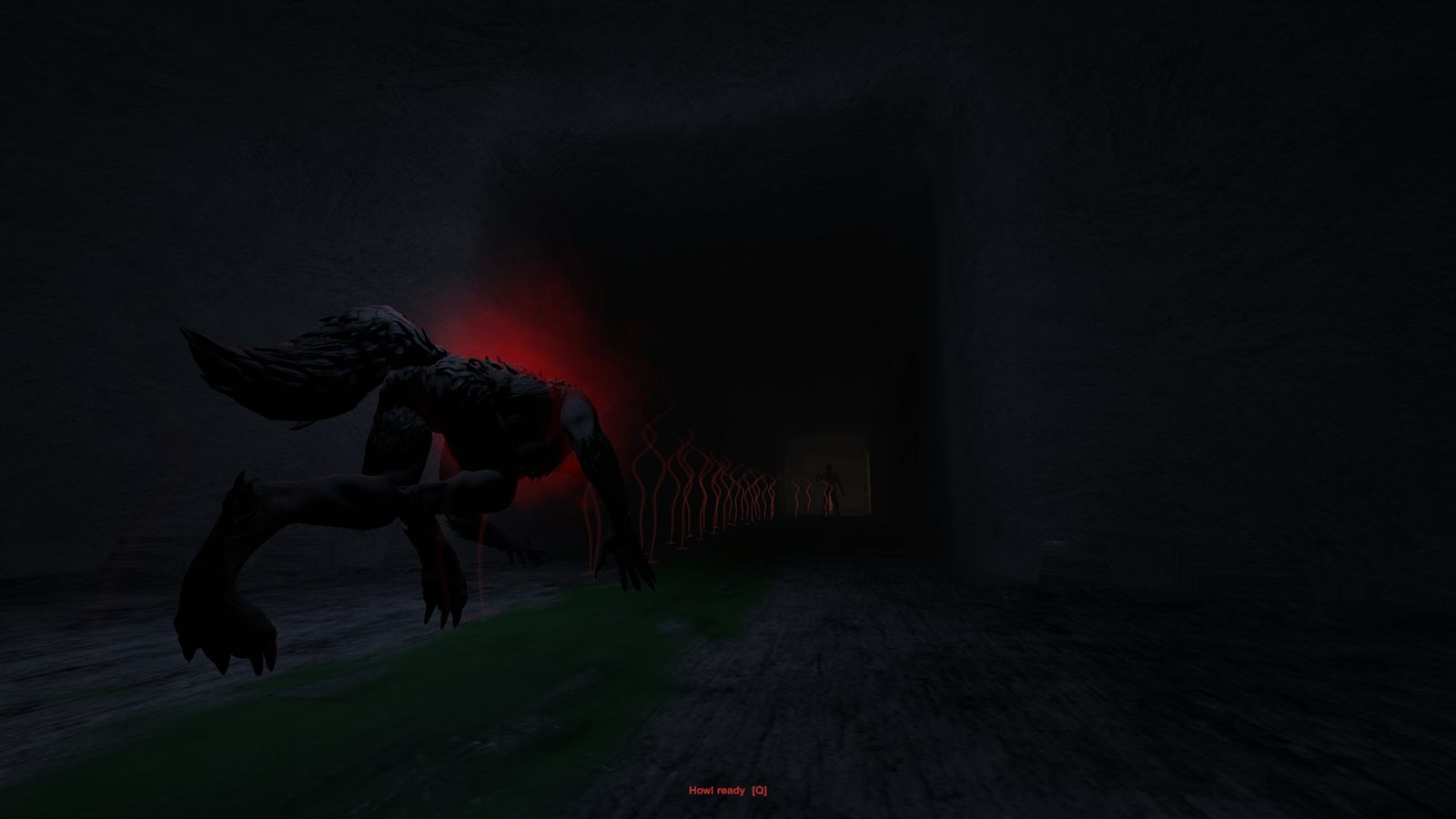 Pinched screenshot: the werewolf's view in Hunter mode, following a red scent trail to a player down a storm drain