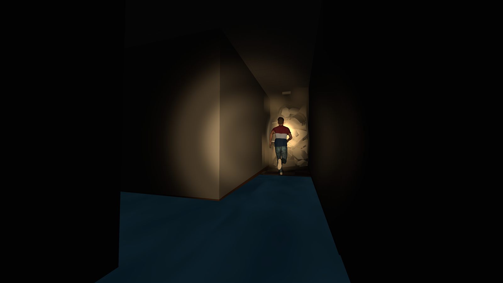 Pinched screenshot: a player runs down a flooding office hallway lit by a flashlight