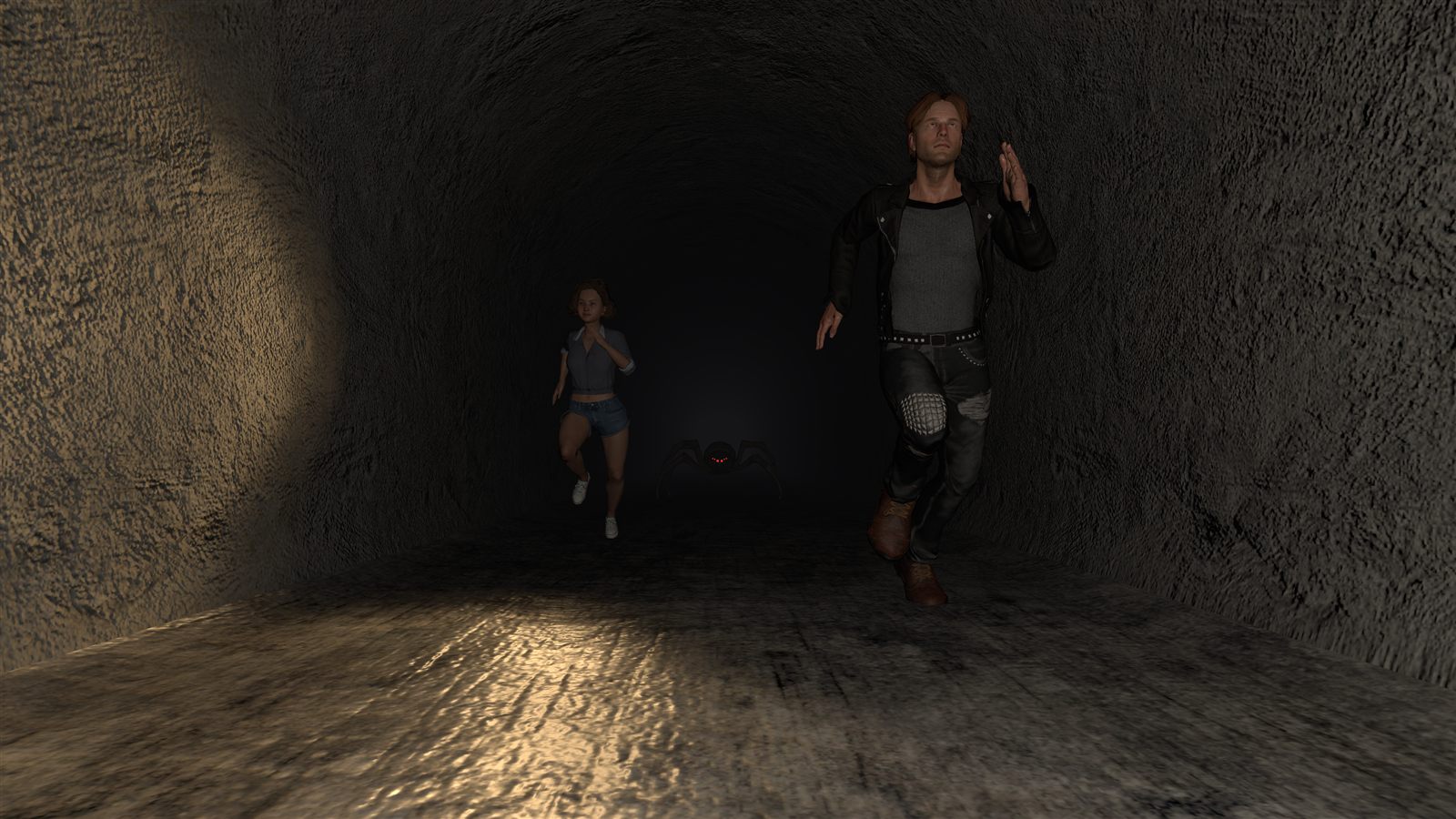 Pinched screenshot: two players sprint down a storm drain with red eyes glowing in the dark behind them