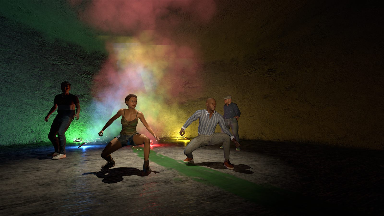 Pinched screenshot: four players in the spawn room lit by coloured flares