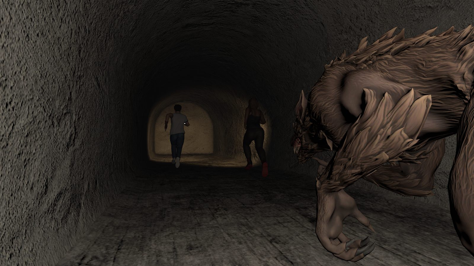 Pinched screenshot: a werewolf closes in on two players running down a storm drain